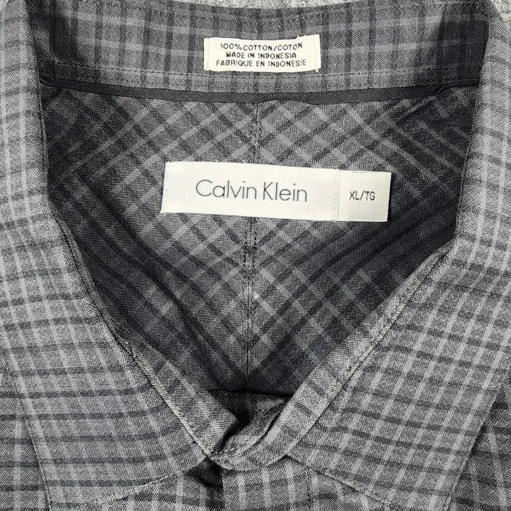 Calvin Klein Mens XL Grey Black Check Cotton Long Sleeve Button Down Shirt - Picture 2 of 7